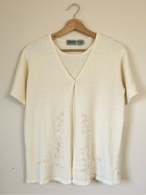 Vintage 90s Penmans Cream Embroidered Knit Tee Cardigan | Medium